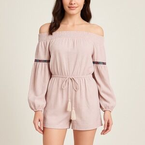 Talori S‎ Off Shoulder Romper Pink Linen Blend Boho Tassel Belt Peasant Sleeve